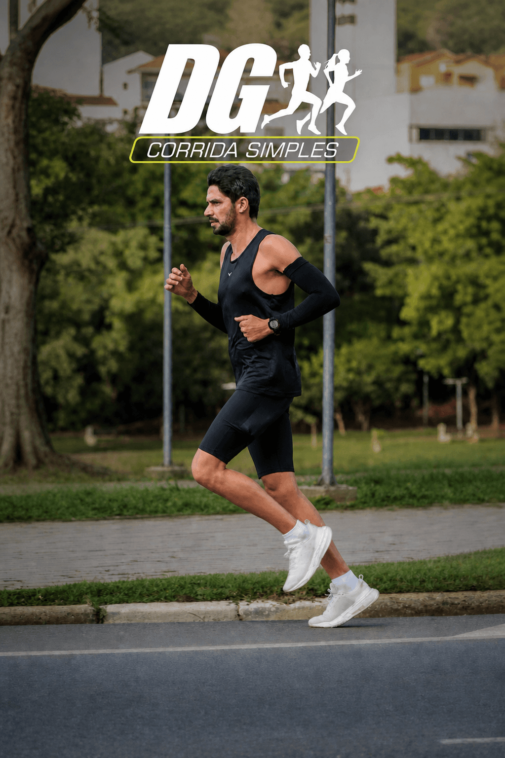 Corredor treinando ao ar livre com a marca DG Corrida Simples integrada à imagem
